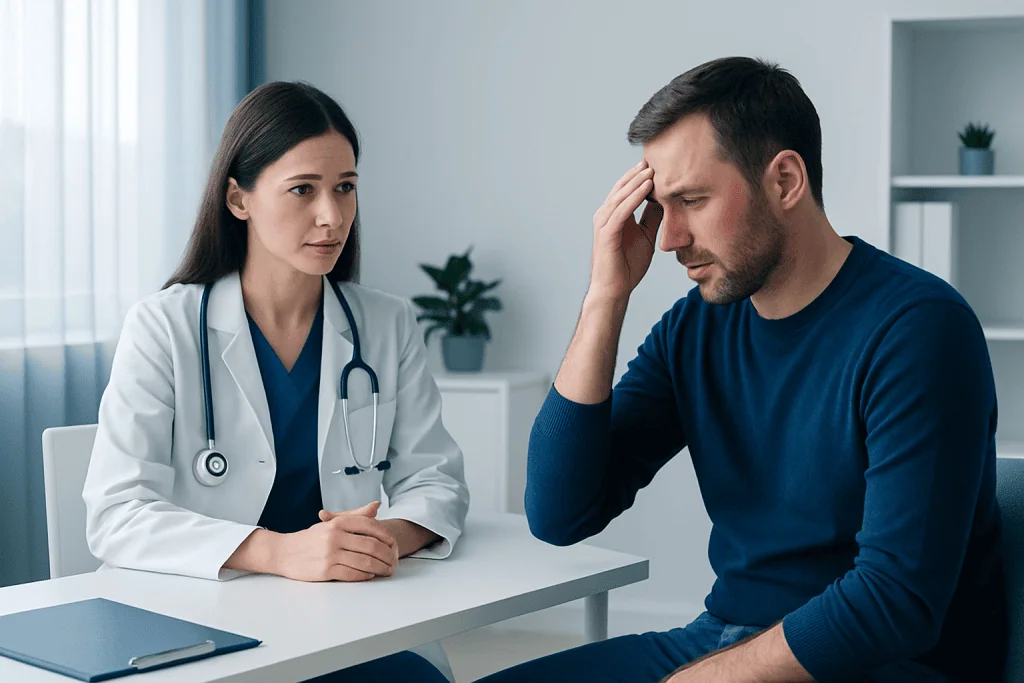 Doctor consulting with a patient experiencing headache or stress.
