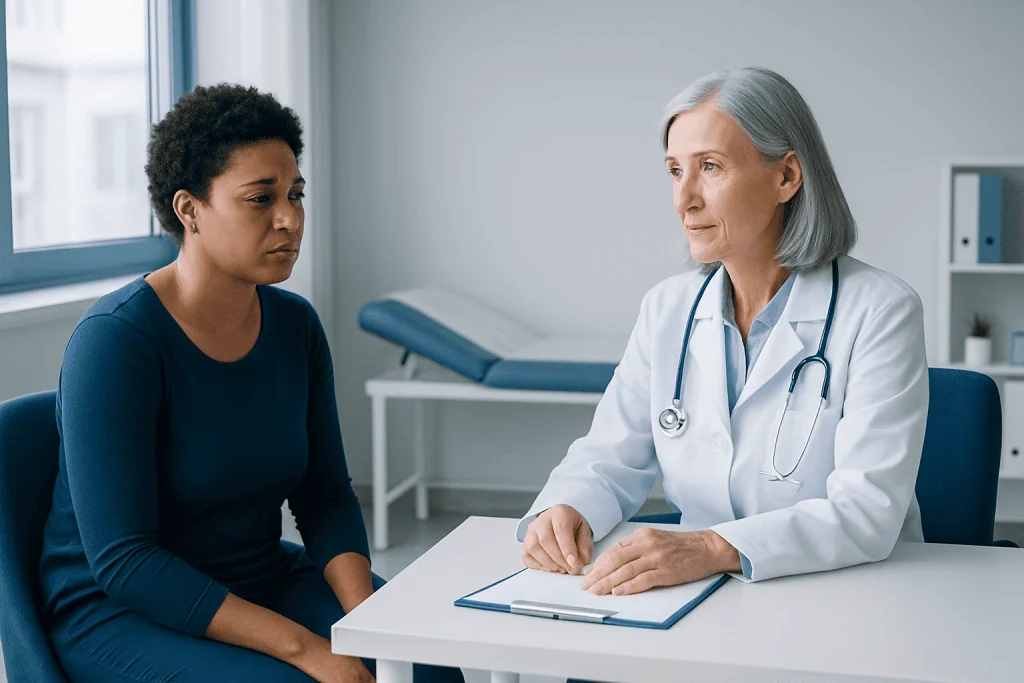 Doctor consulting with a patient in a medical office setting.