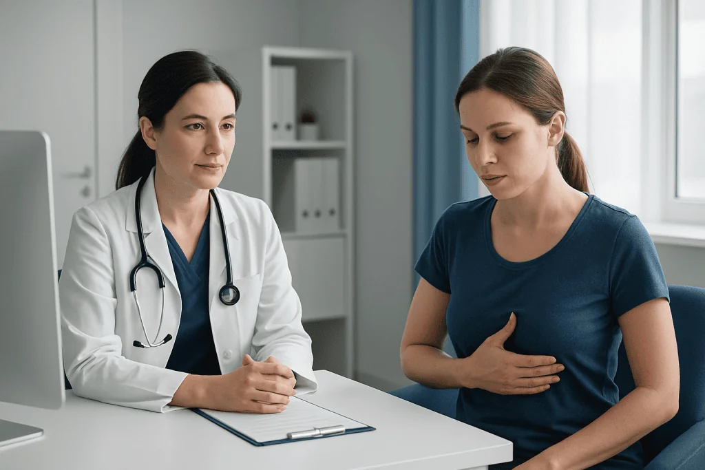 Doctor consulting with a patient about breast health and inverted nipples.