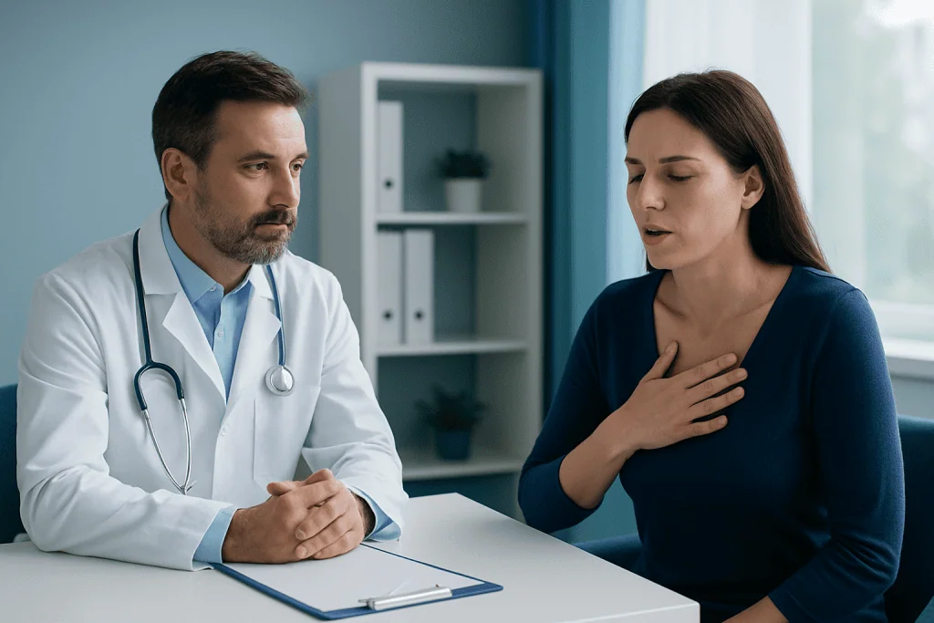 Doctor consulting with a woman patient about breathing issues in a clinic.