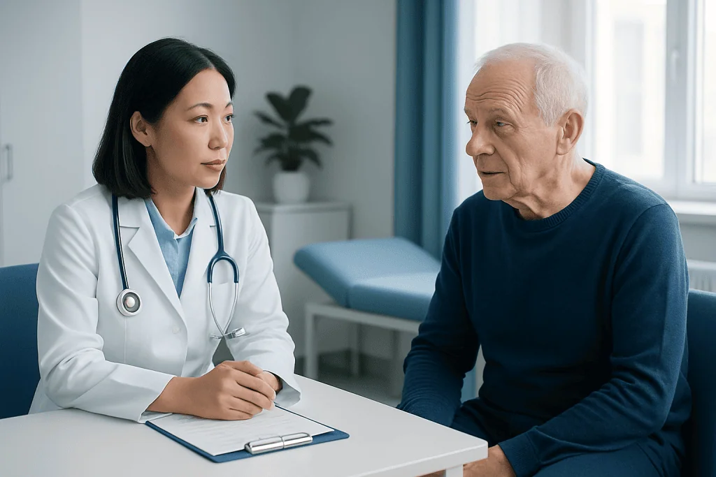 Doctor consulting with elderly male patient in a medical office.