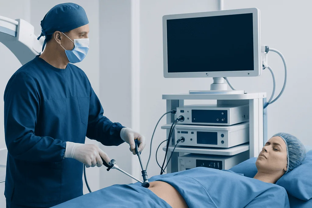 Urologist performing kidney stone removal surgery in a modern hospital.
