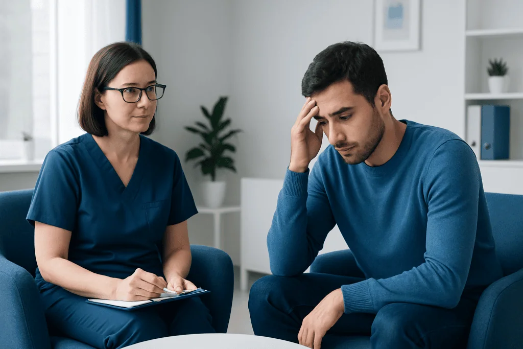 Therapist listening to a patient during a mental health consultation.