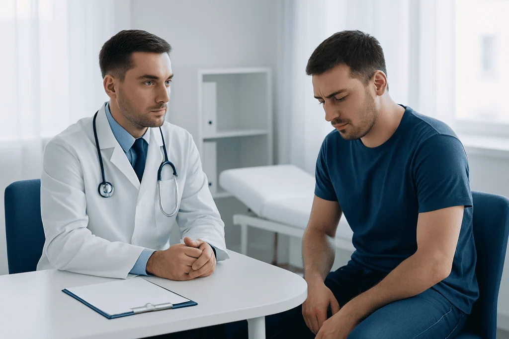 Doctor consulting with male patient in a medical office setting.