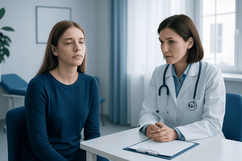 Doctor consulting with a young female patient in a medical office.
