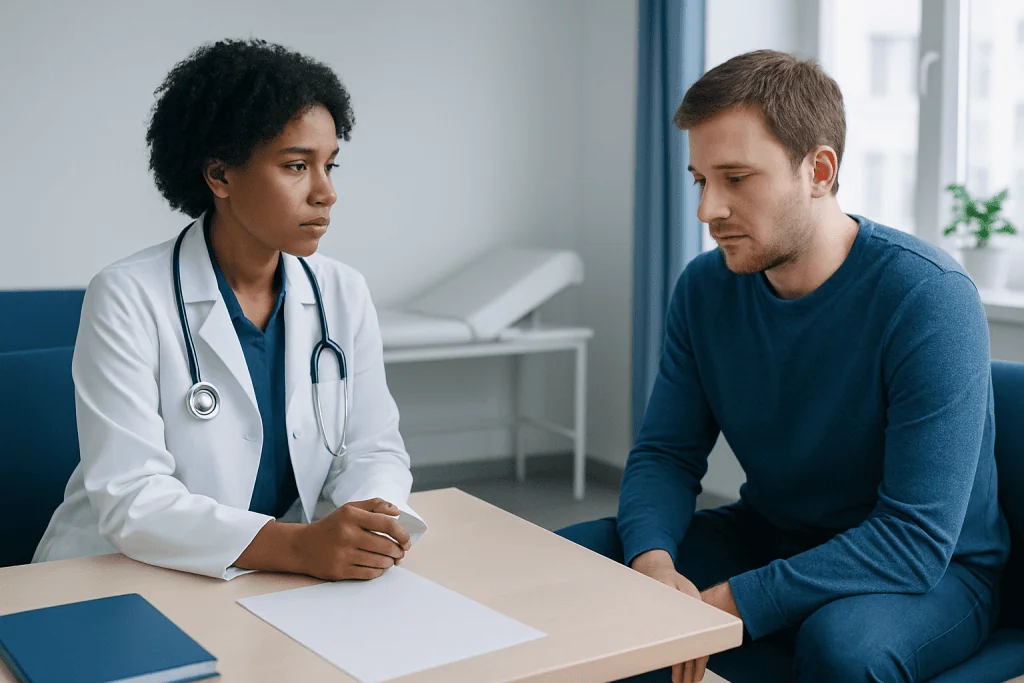 Doctor consulting with male patient in a medical office setting.