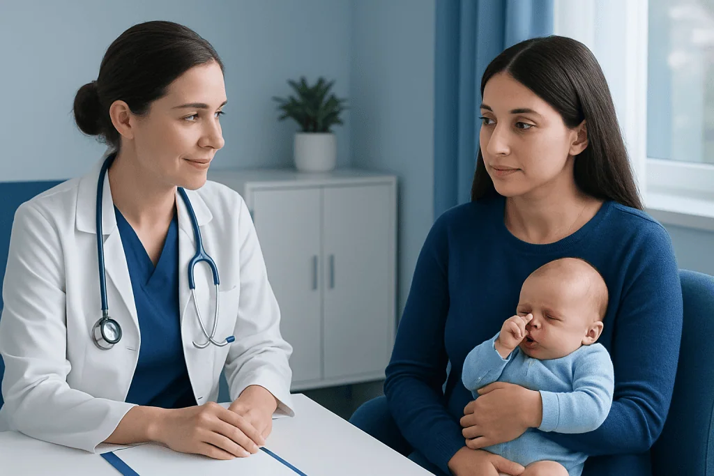 Pediatric consultation with doctor and mother holding a baby in a clinic.