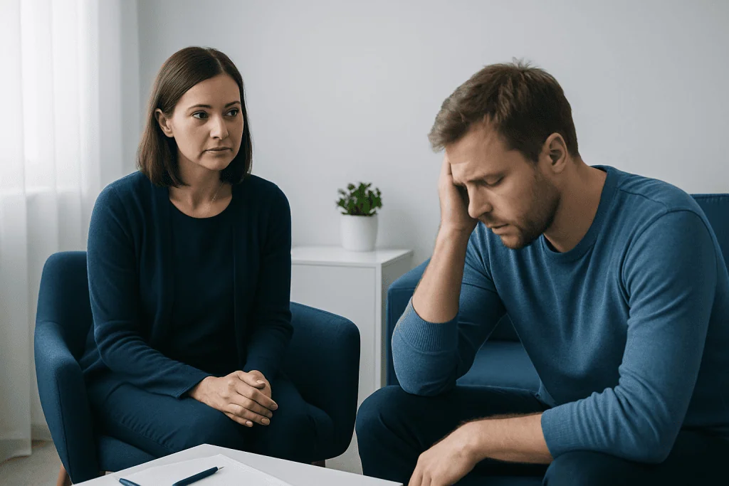 Therapist and patient during a counseling session about emotional distress.
