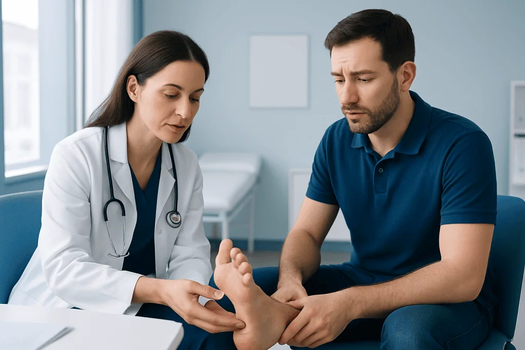 Doctor examining patient's foot in a clinical setting for athlete's foot.