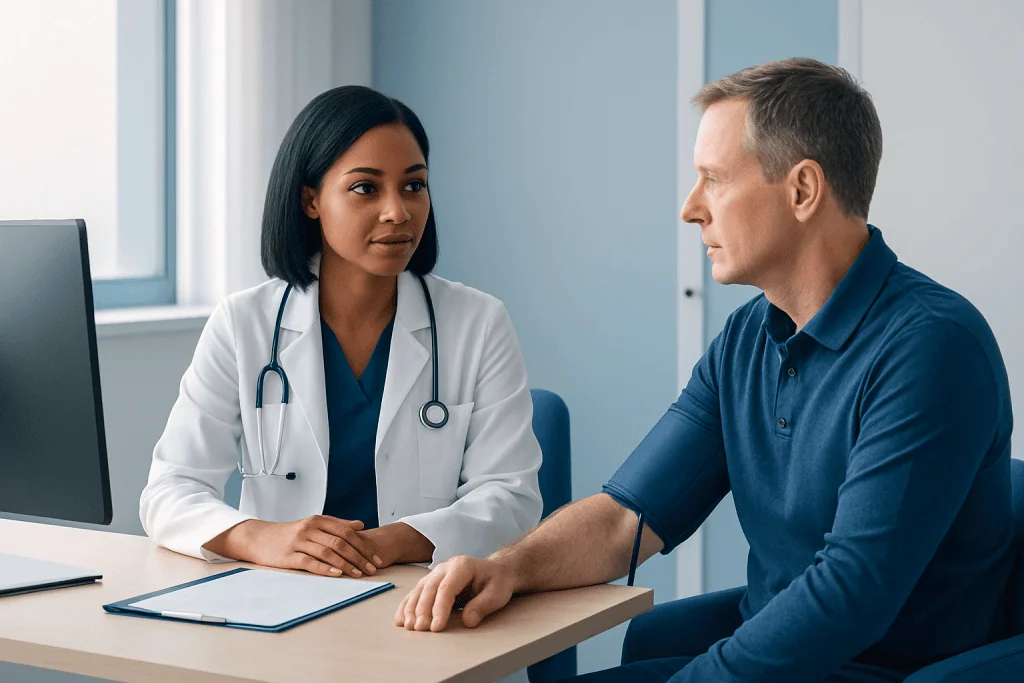 Doctor consulting with a patient about hypertension in a clinical setting.