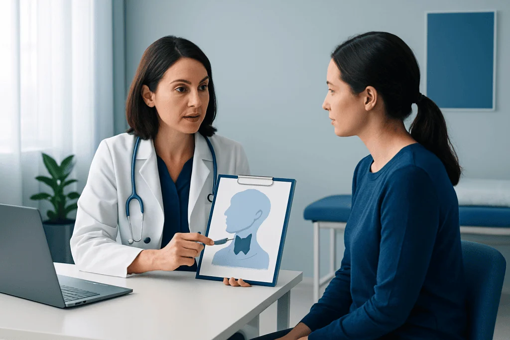 Doctor explaining parathyroid health to patient in consultation room.
