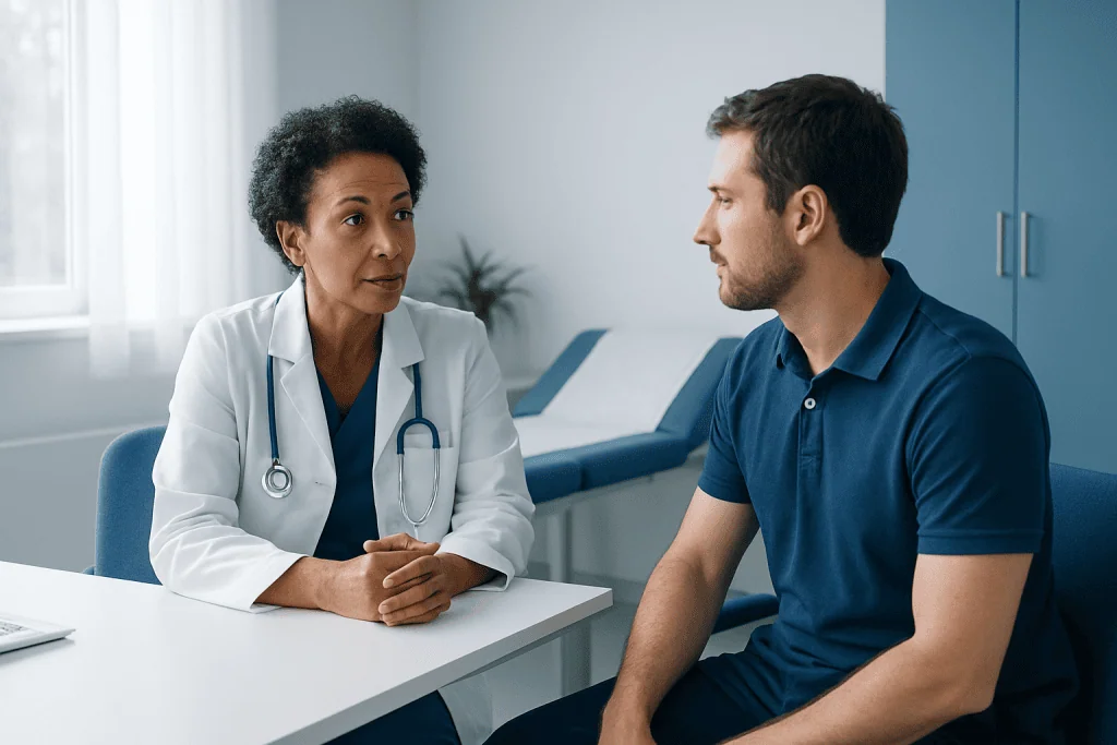 Doctor consulting with a patient in a medical office setting.
