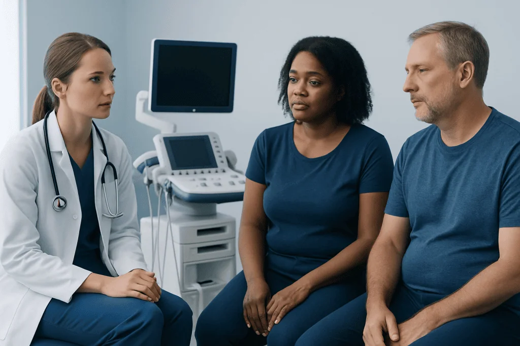 Doctor consulting with a patient in a medical examination room.