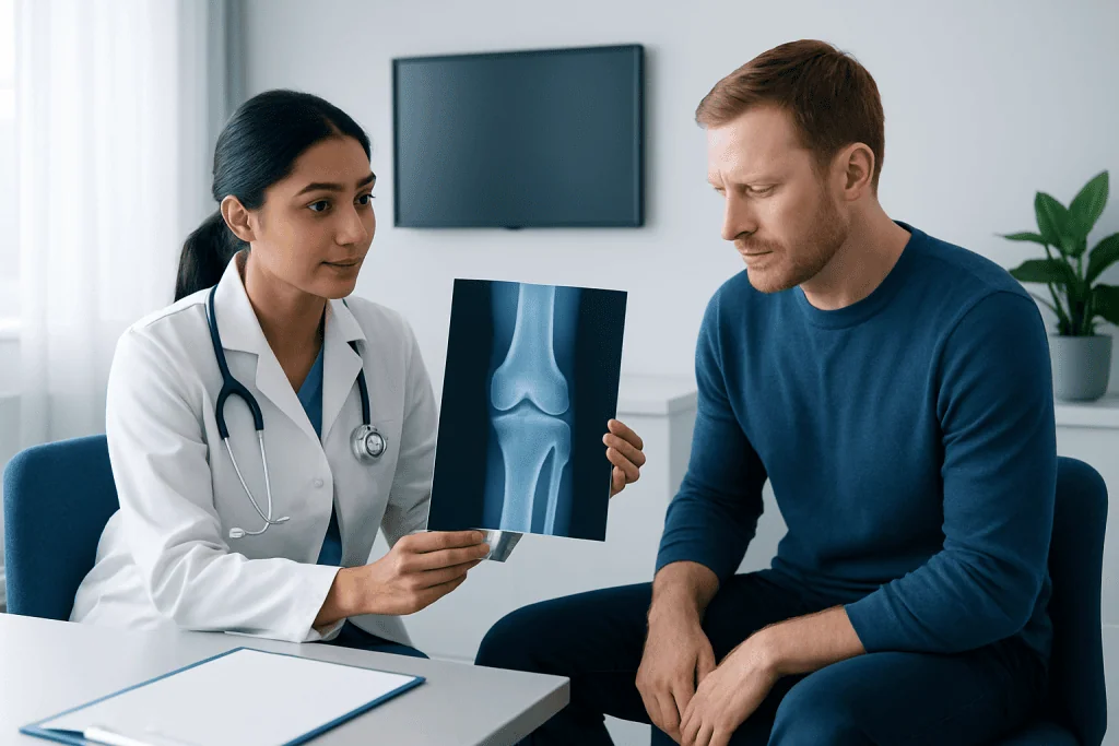 Doctor explaining knee X-ray to patient in consultation room.