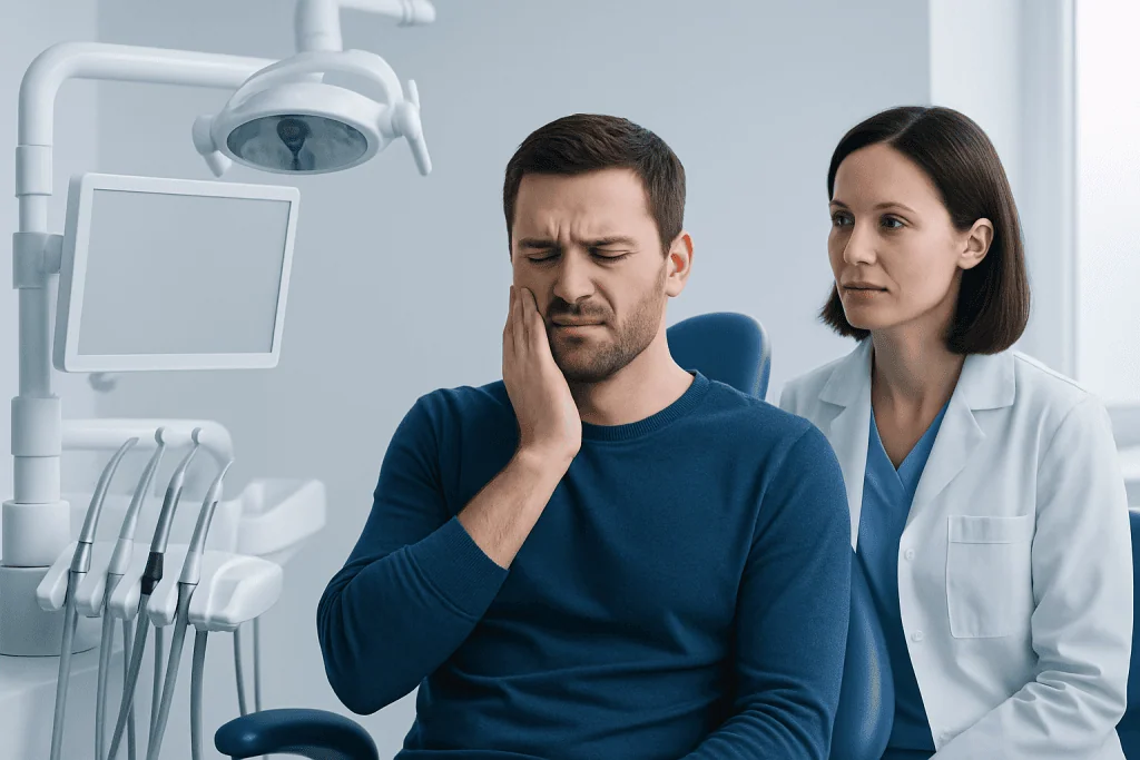 Patient experiencing tooth pain during dental consultation at Acibadem Hospital.