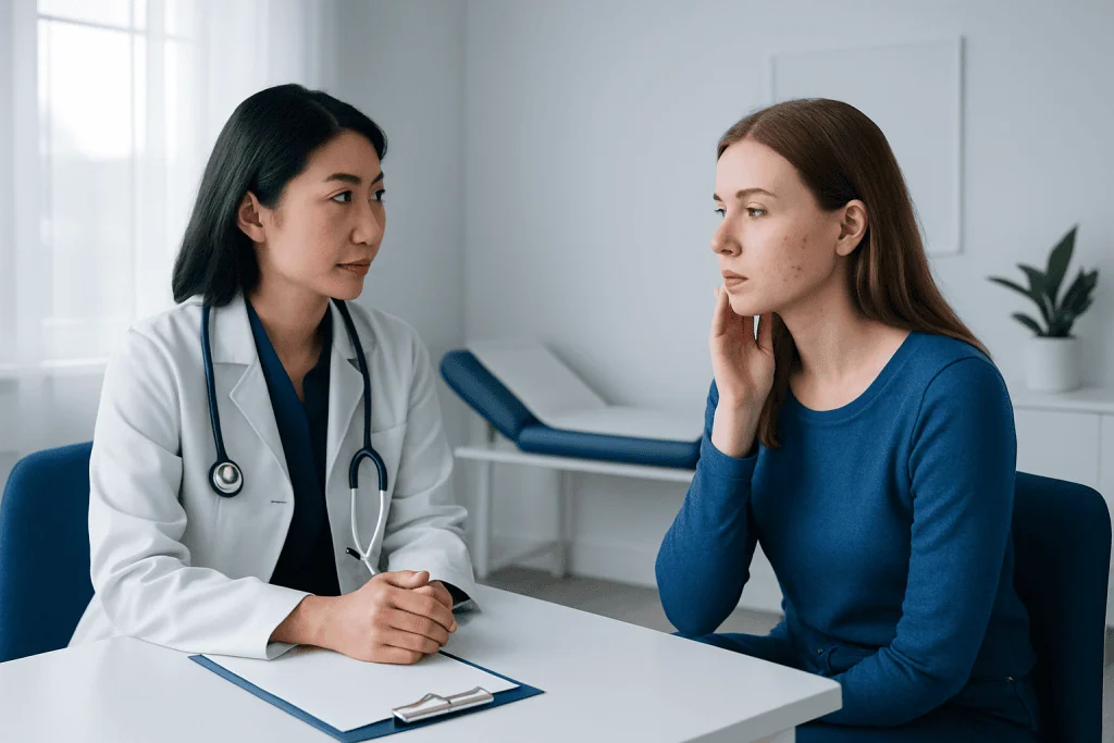 Doctor consulting with a young female patient in a medical office.