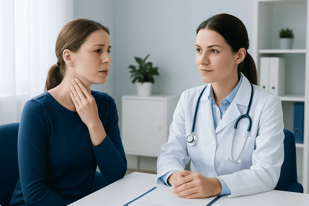 Doctor consulting with a patient about neck lymph nodes in a medical office.