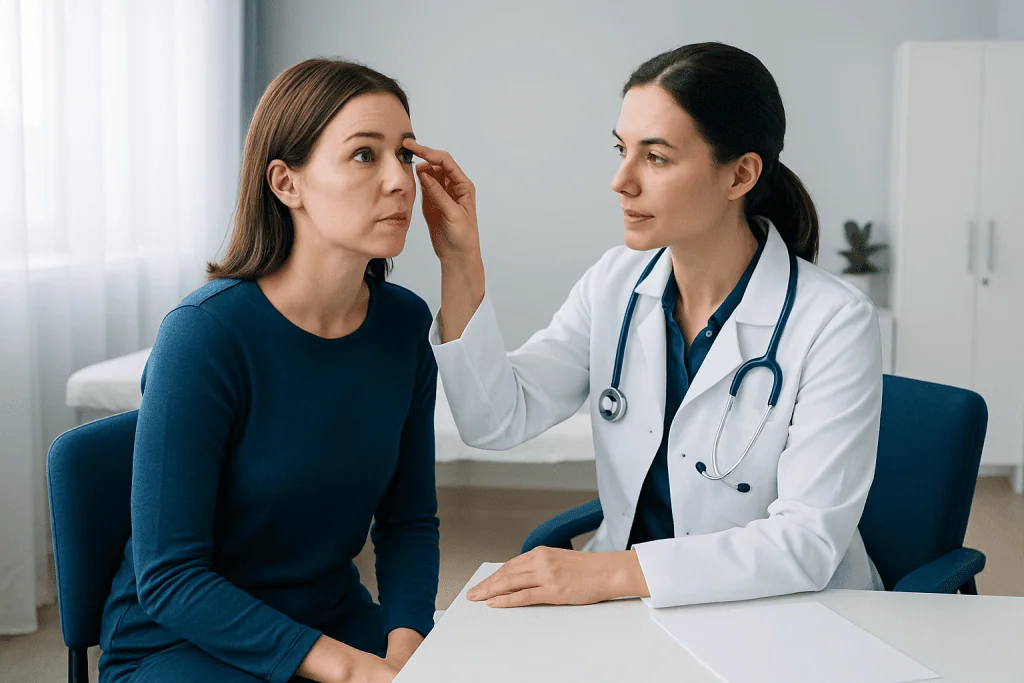 Doctor examining woman's eyelid for bump or swelling.