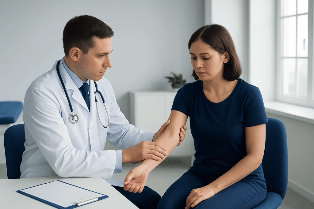 Doctor examining a patient's arm in a medical consultation room.
