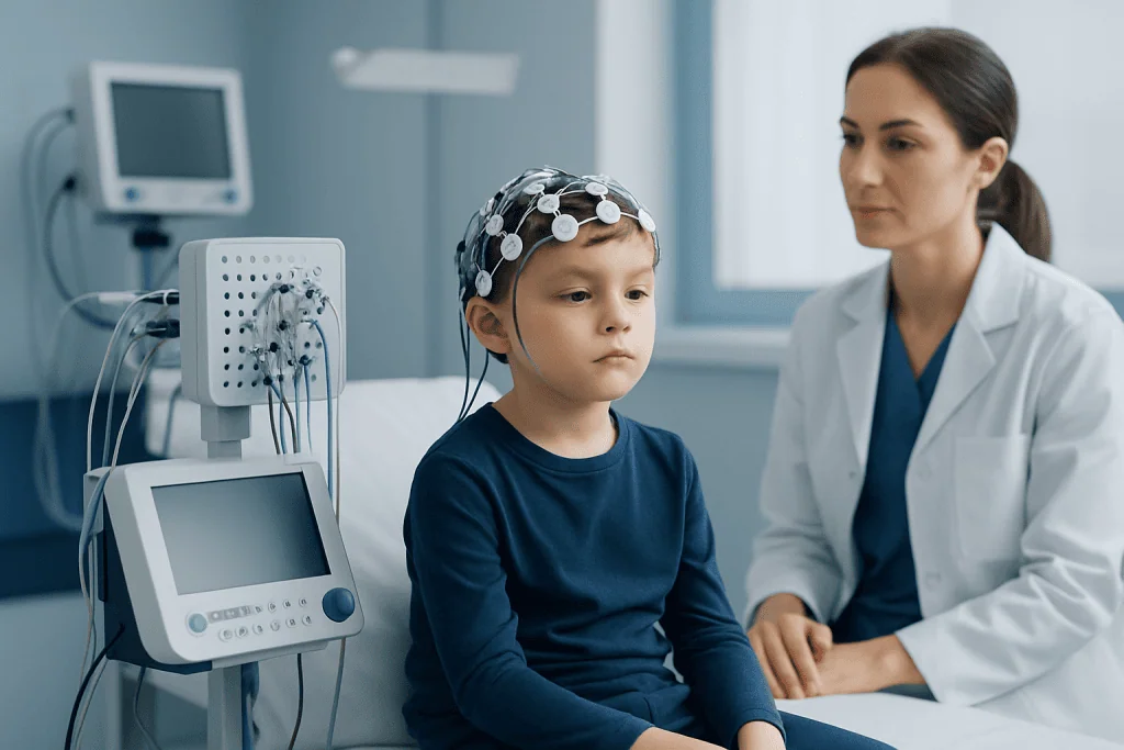 Child undergoing EEG test for seizure evaluation at Acibadem Hospital.