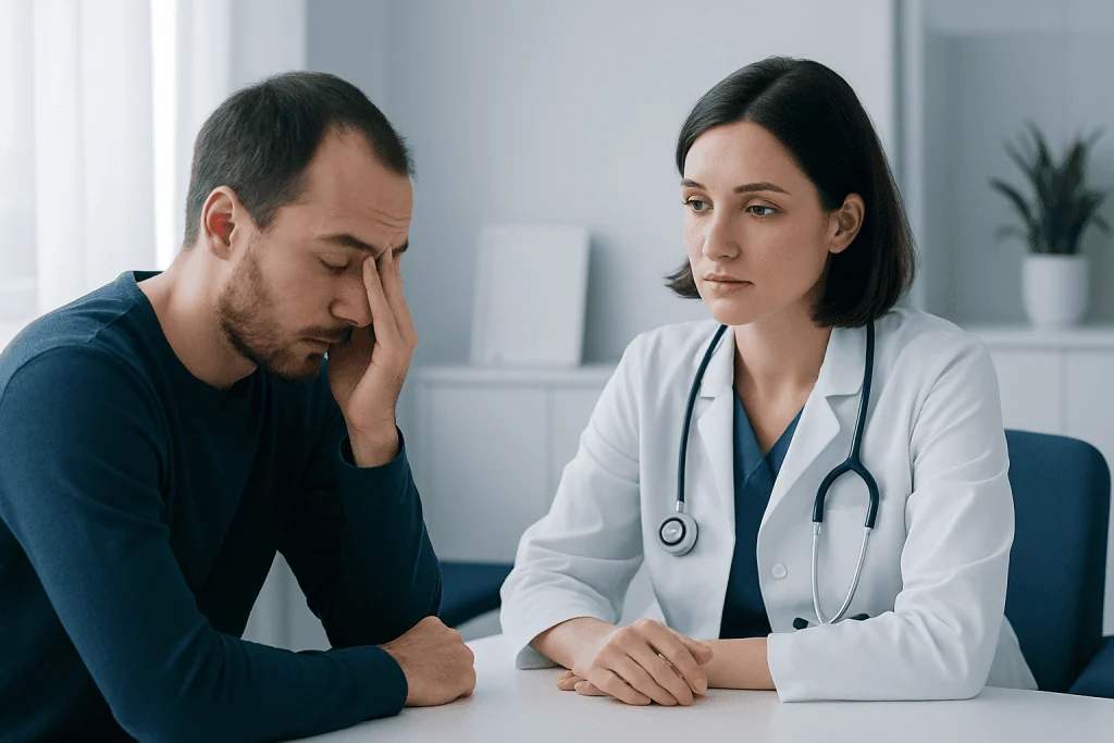 Patient experiencing sleep issues consults with doctor in clinic setting.