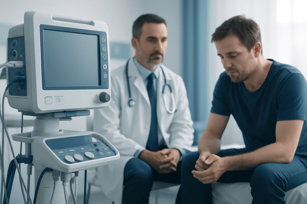 Doctor consulting with patient in hospital room with medical equipment.