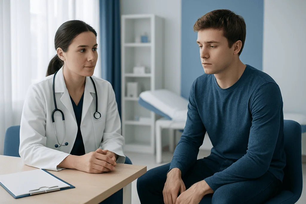 Doctor consulting patient in a medical office setting.