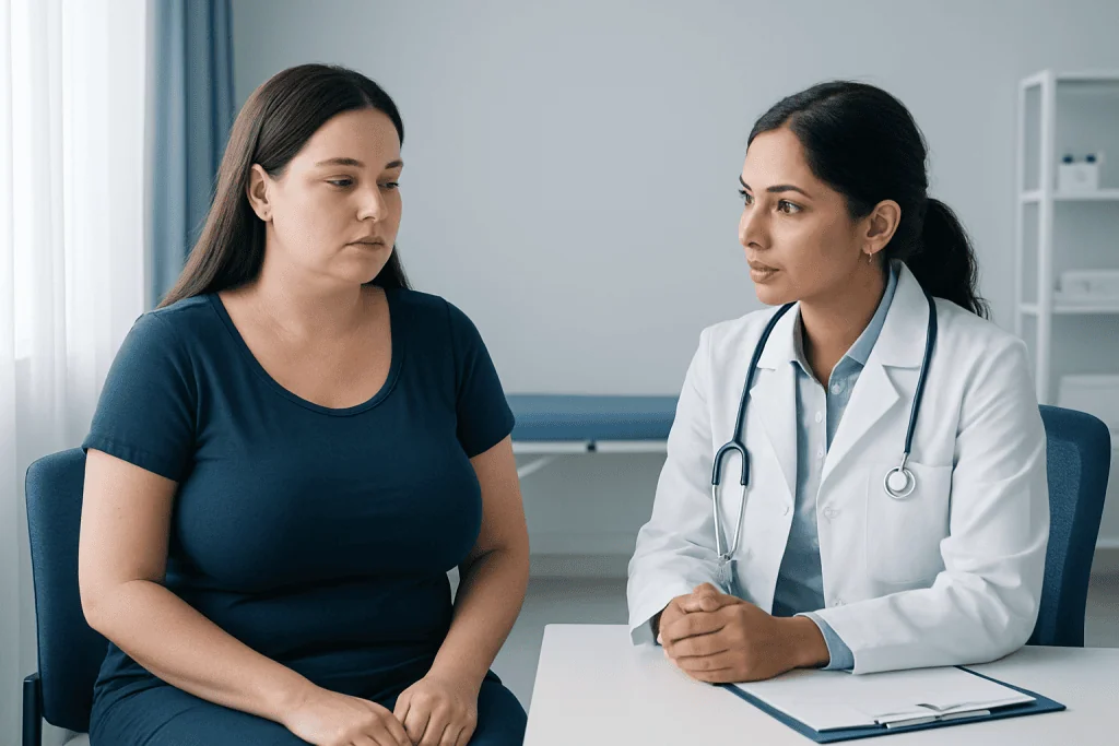 Doctor consulting with a patient about breast health in a clinical setting.