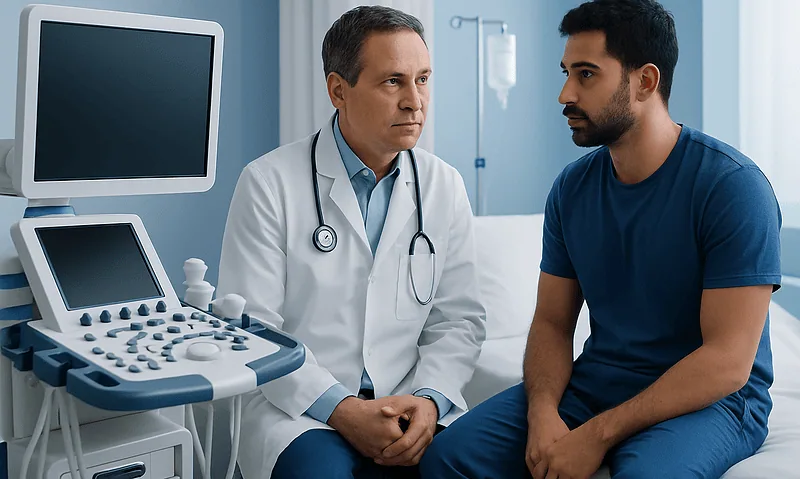 Doctor consulting patient in a hospital room with medical equipment nearby.