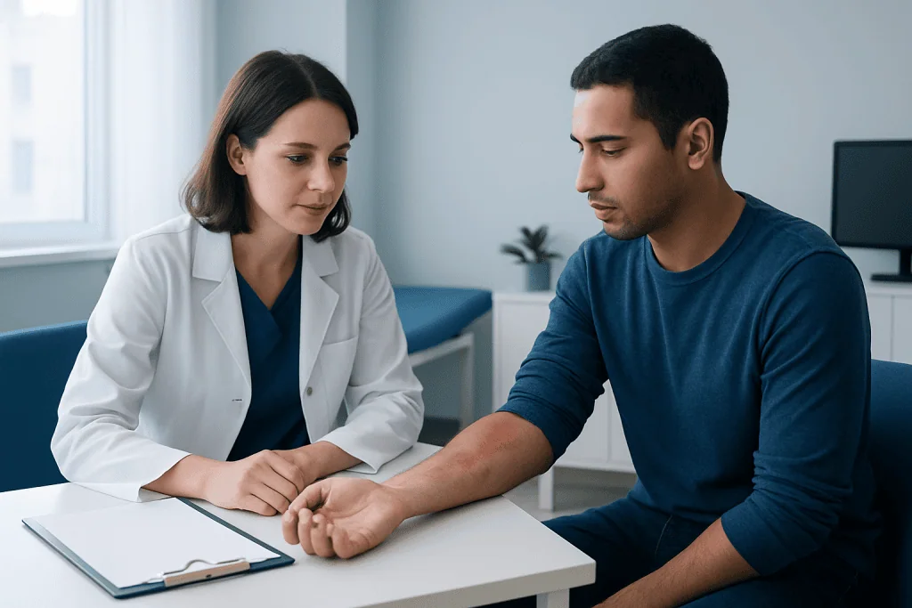 Doctor examining patient's arm in a medical consultation room.