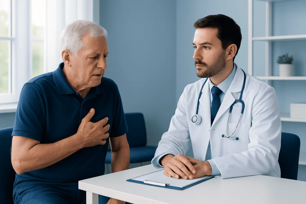 Doctor consulting with an elderly patient about heart health in a clinic.