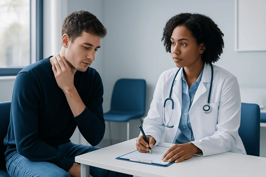 Doctor consulting with a patient in a medical office setting.