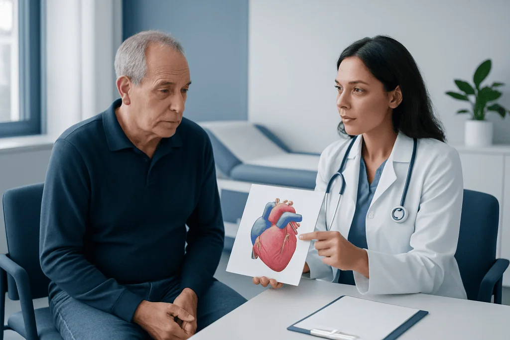 Doctor explaining heart diagram to patient in a consultation room.