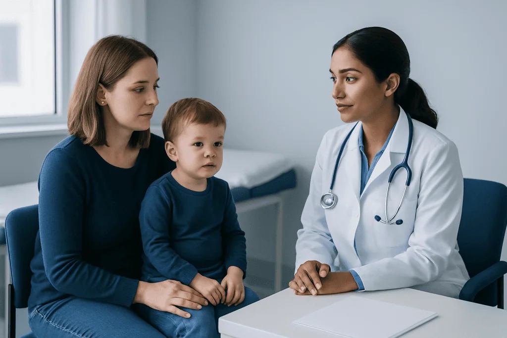 Pediatric consultation at Acibadem Hospital with doctor and mother.