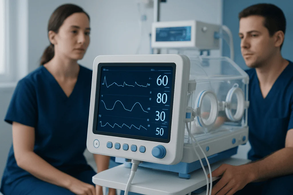 Medical professionals monitoring a newborn in a hospital neonatal unit.