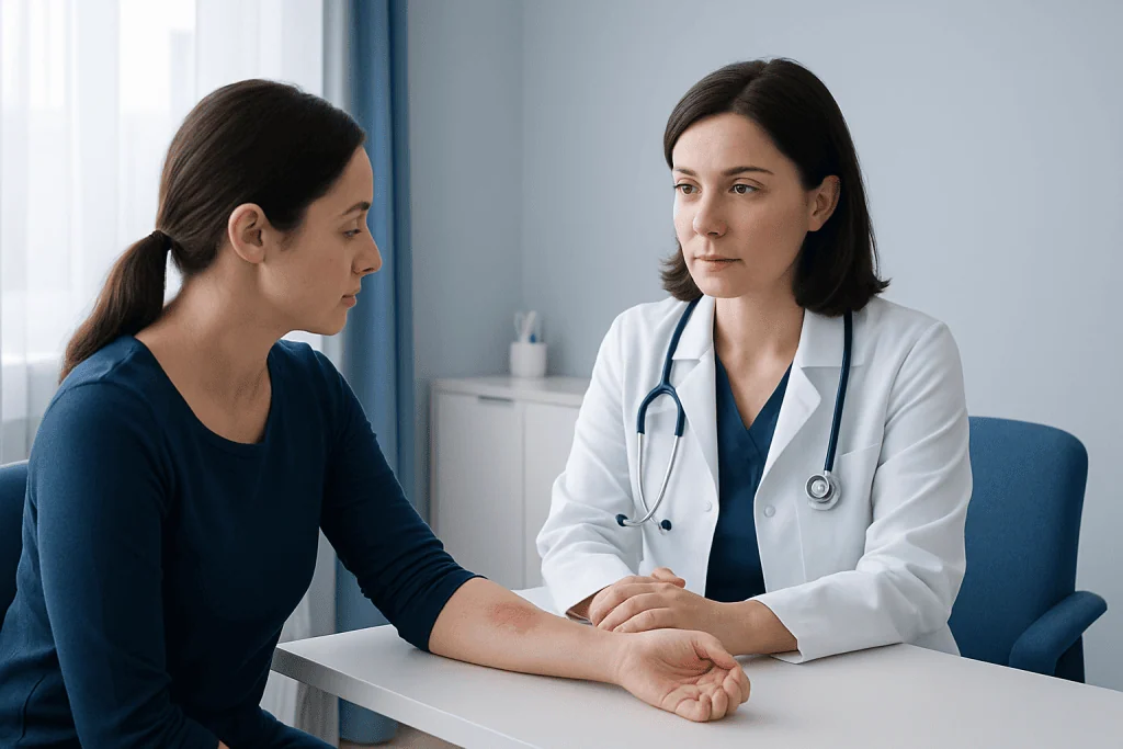 Doctor examining a patient's arm in a medical consultation room.