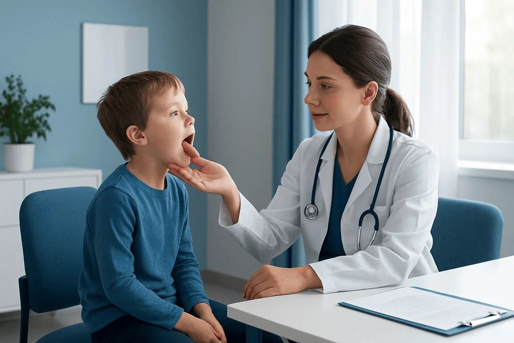 Pediatric doctor examining child's tongue in a medical consultation.