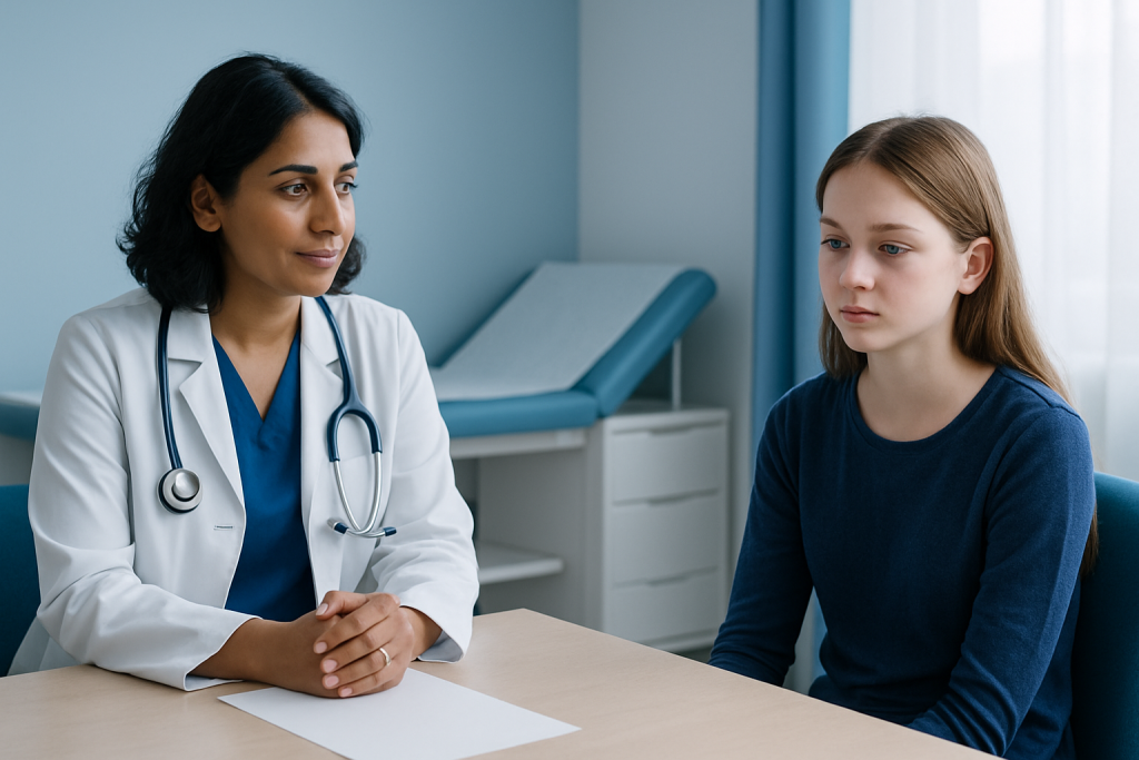 Doctor consulting with a young female patient in a medical office.