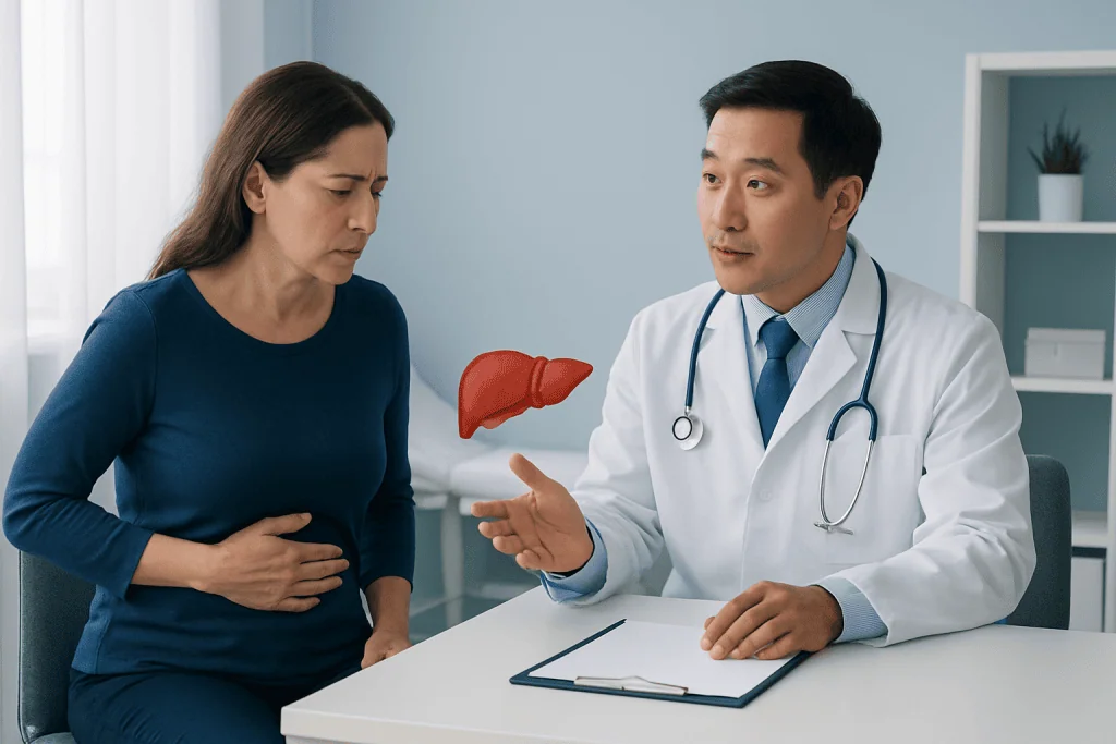 Doctor explaining liver health to a patient in a medical consultation.