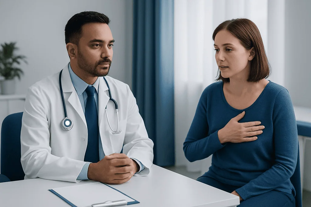 Doctor consulting with a female patient about health concerns in a medical office.