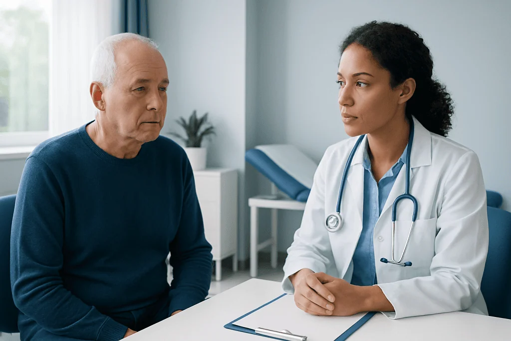 Doctor consulting with an elderly male patient in a medical office.