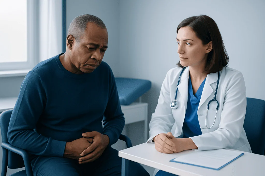 Doctor consulting with a patient about kidney health in a medical office.