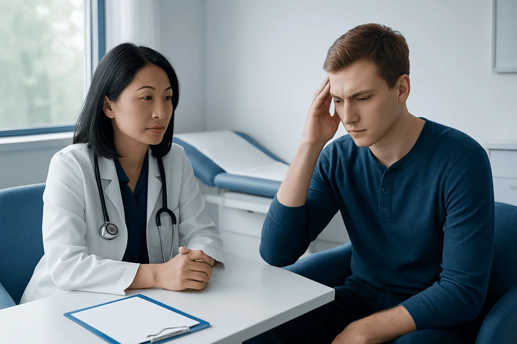 Doctor consulting with a patient about health concerns in a medical office.