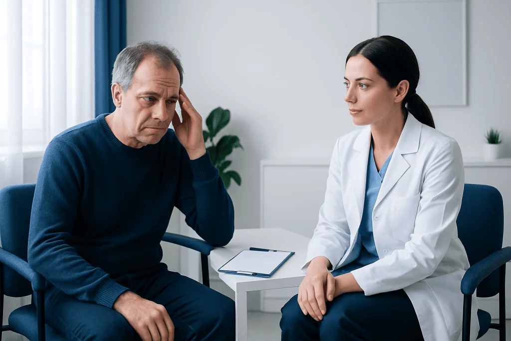 Doctor consulting with a patient about neurological health in a clinic setting.