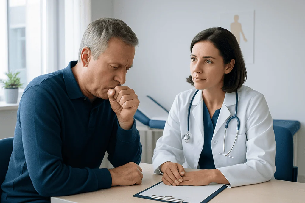 Doctor consulting with a patient about aspiration pneumonia symptoms and treatment.