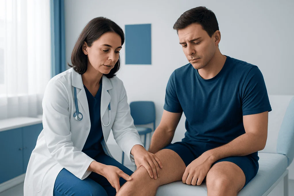 Doctor examining patient's leg in a medical consultation room.