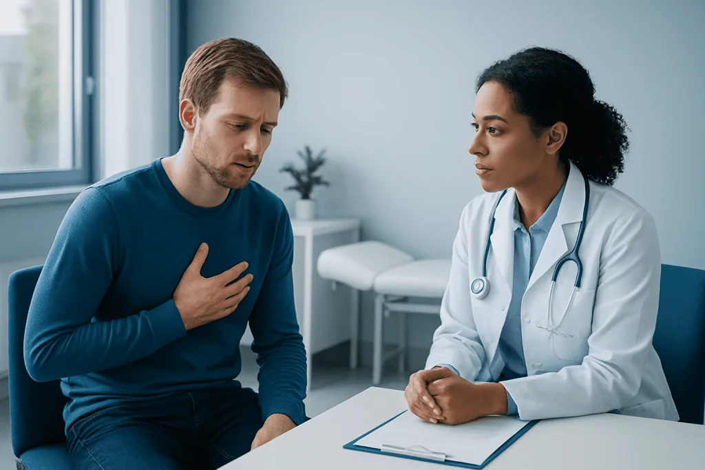 Doctor consulting with a patient about health concerns in a medical office.