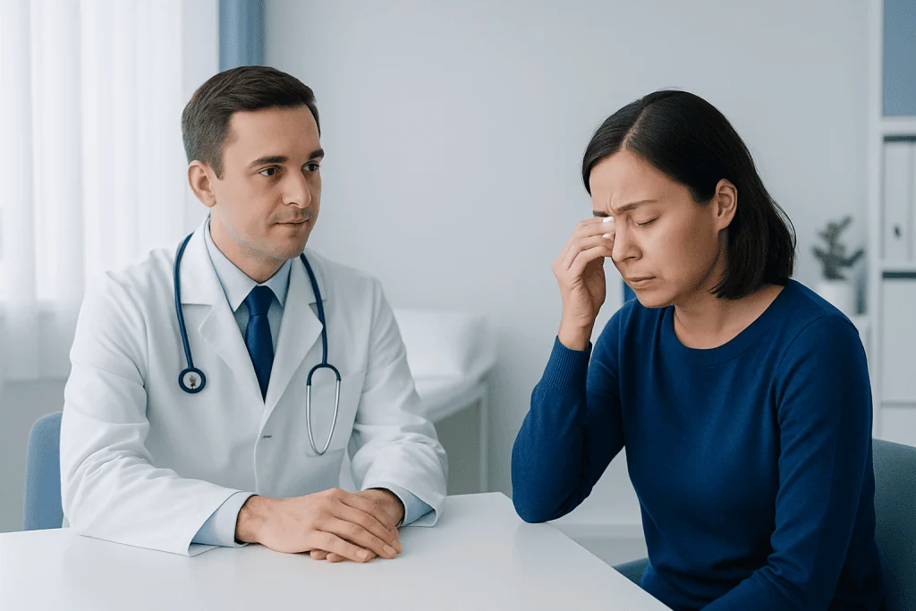 Doctor consulting a patient with eye discomfort in a clinical setting.