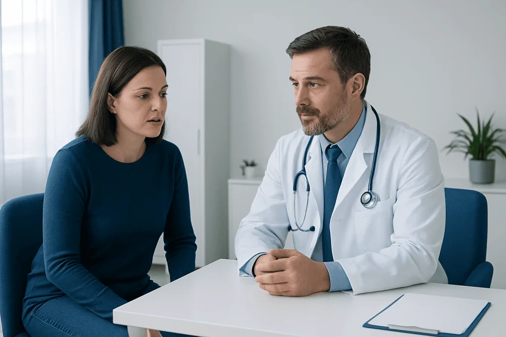 Doctor consulting with a female patient in a medical office.