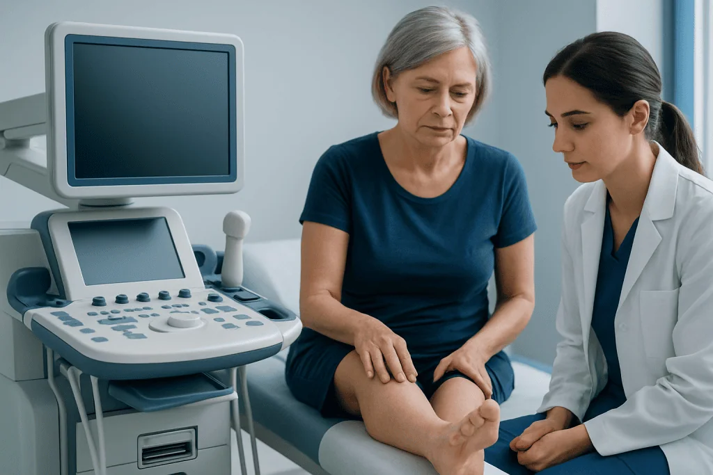 Doctor examining a patient's foot for ulcers in a clinical setting.